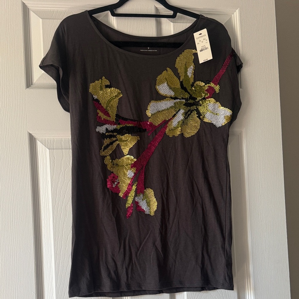 Express Black Short-Sleeve Tee with Gold & Pink Sequin Floral